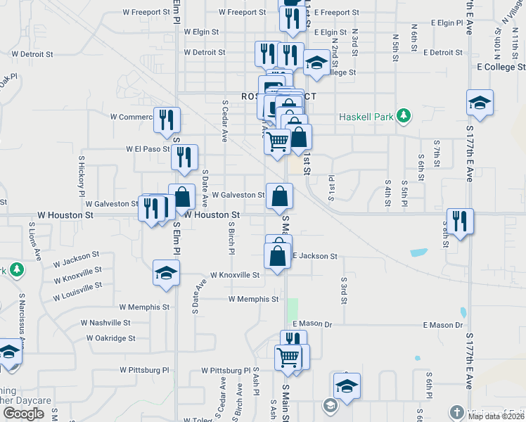 map of restaurants, bars, coffee shops, grocery stores, and more near 114 West Houston Street in Broken Arrow