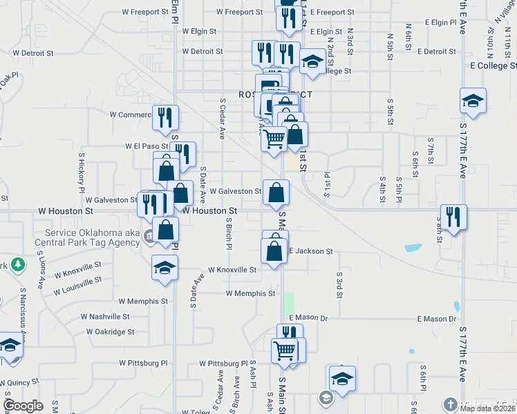 map of restaurants, bars, coffee shops, grocery stores, and more near 218 West Houston Street in Broken Arrow