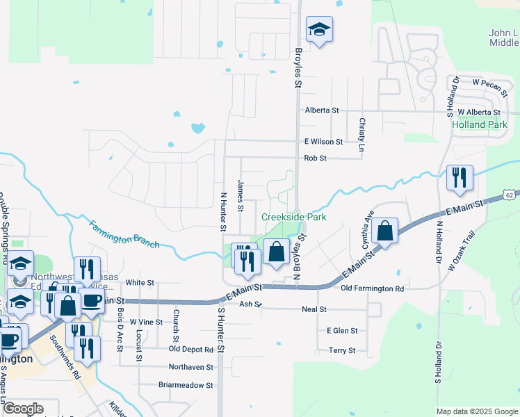 map of restaurants, bars, coffee shops, grocery stores, and more near 104 North Sable Street in Farmington