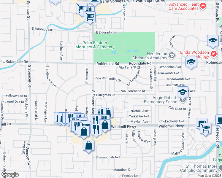 map of restaurants, bars, coffee shops, grocery stores, and more near 256 Finestra Drive in Henderson