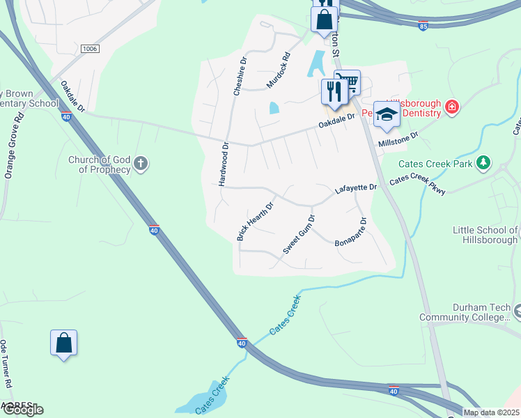 map of restaurants, bars, coffee shops, grocery stores, and more near 2507 Brick Hearth Drive in Hillsborough