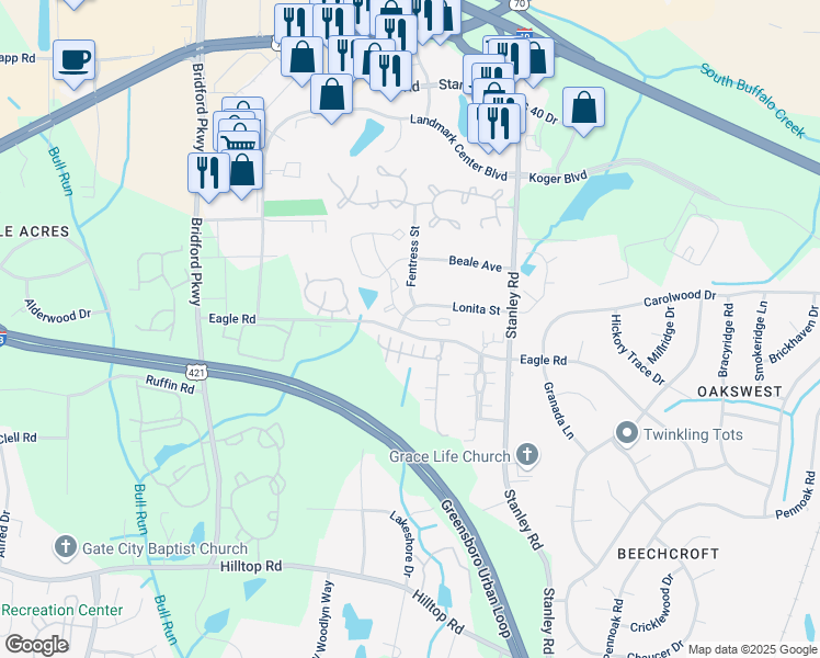 map of restaurants, bars, coffee shops, grocery stores, and more near 145 Bridford Downs Drive in Greensboro