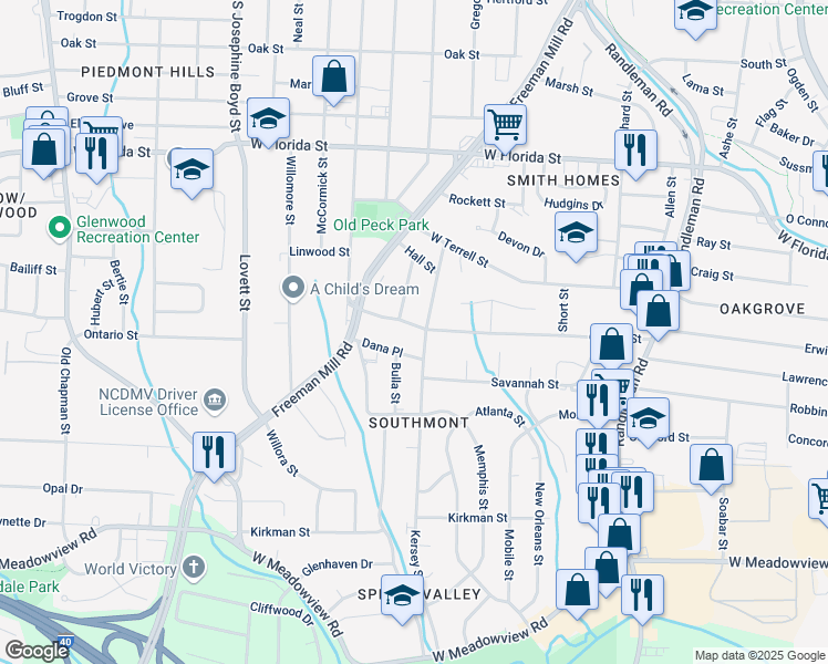 map of restaurants, bars, coffee shops, grocery stores, and more near 803 Garrett Street in Greensboro