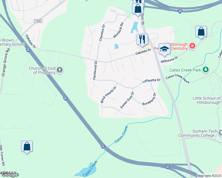 map of restaurants, bars, coffee shops, grocery stores, and more near 2507 Brick Hearth Drive in Hillsborough