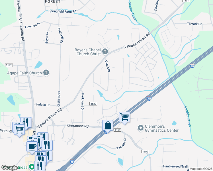 map of restaurants, bars, coffee shops, grocery stores, and more near 185 Cabot Drive in Winston-Salem