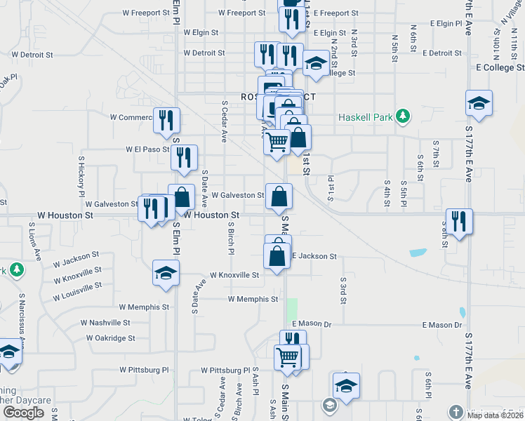map of restaurants, bars, coffee shops, grocery stores, and more near 114 West Houston Street in Broken Arrow