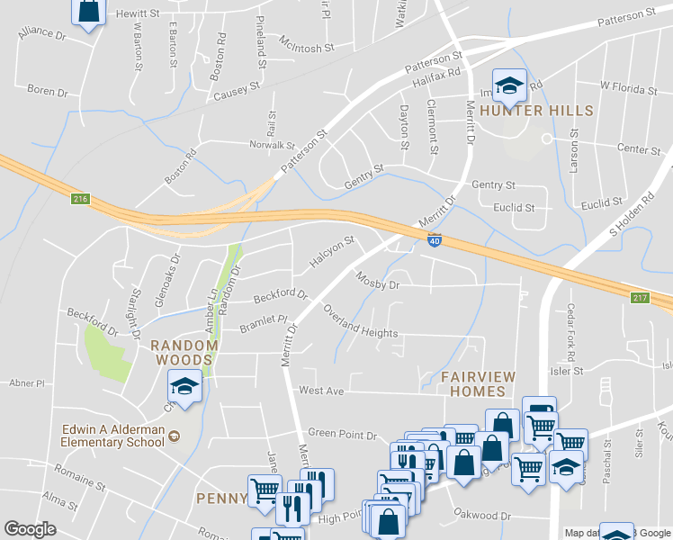 map of restaurants, bars, coffee shops, grocery stores, and more near 1858 Merritt Drive in Greensboro