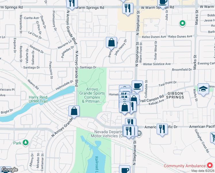 map of restaurants, bars, coffee shops, grocery stores, and more near 267 Cascading Street in Henderson