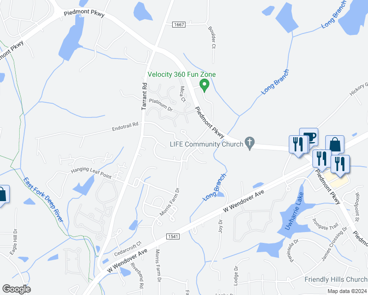 map of restaurants, bars, coffee shops, grocery stores, and more near 4506 Piedmont Trace Drive in Greensboro