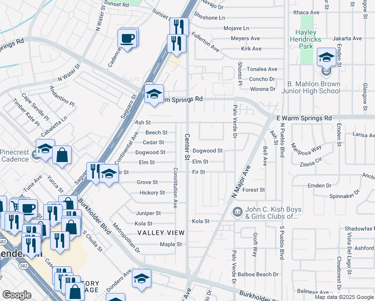 map of restaurants, bars, coffee shops, grocery stores, and more near Center Street in Henderson