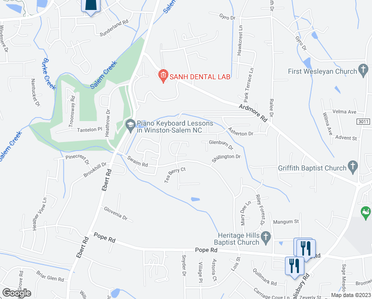 map of restaurants, bars, coffee shops, grocery stores, and more near 375 Cedar Ridge Circle in Winston-Salem
