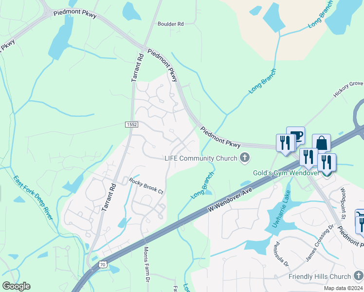 map of restaurants, bars, coffee shops, grocery stores, and more near 3837 Parkway Vista Drive in Greensboro