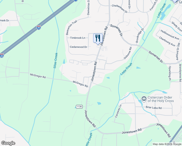 map of restaurants, bars, coffee shops, grocery stores, and more near 1422 Jonestown Road in Winston-Salem