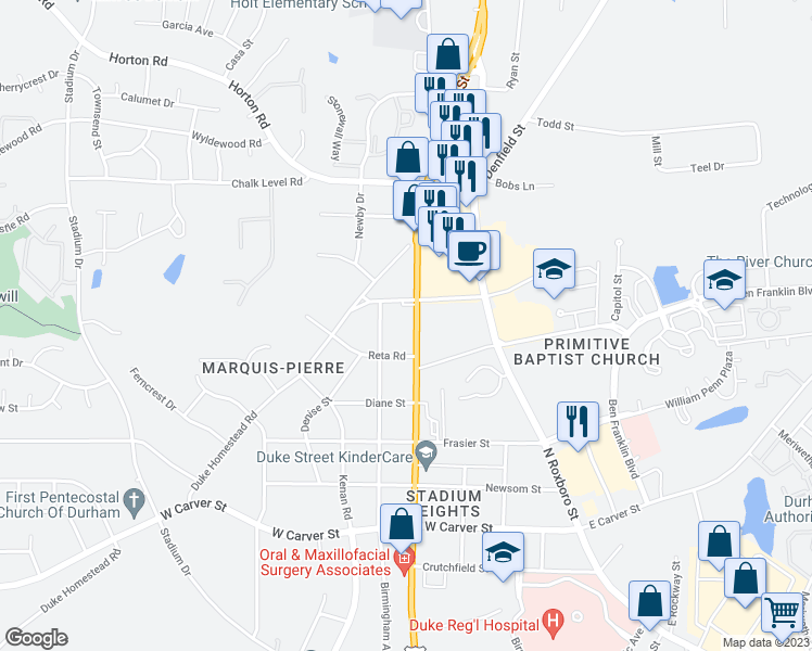 map of restaurants, bars, coffee shops, grocery stores, and more near 3413 North Duke Street in Durham