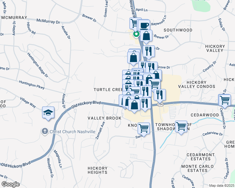 map of restaurants, bars, coffee shops, grocery stores, and more near 389 Hickory Trace Drive in Nashville