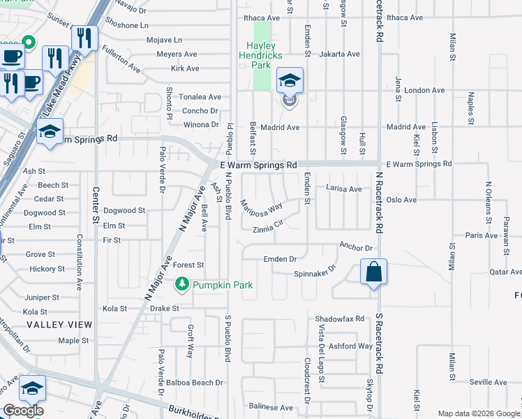map of restaurants, bars, coffee shops, grocery stores, and more near 233 Mariposa Way in Henderson