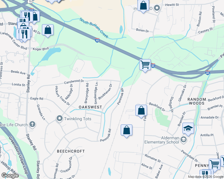 map of restaurants, bars, coffee shops, grocery stores, and more near 2008 Creekwood Drive in Greensboro