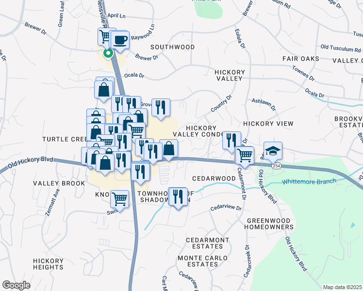 map of restaurants, bars, coffee shops, grocery stores, and more near 5600 Country Drive in Nashville