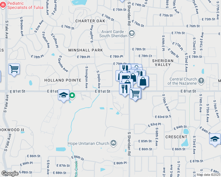 map of restaurants, bars, coffee shops, grocery stores, and more near 6016 East 80th Place in Tulsa
