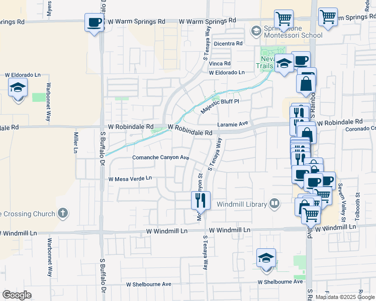 map of restaurants, bars, coffee shops, grocery stores, and more near 7427 Tomahawk Bend Avenue in Las Vegas