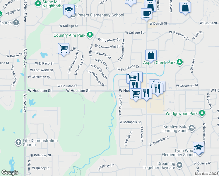 map of restaurants, bars, coffee shops, grocery stores, and more near 621 South Elder Avenue in Broken Arrow