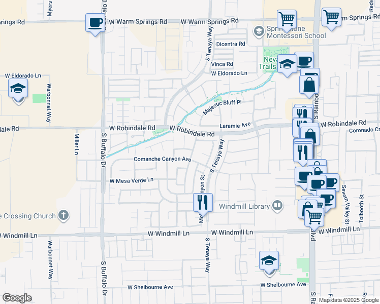 map of restaurants, bars, coffee shops, grocery stores, and more near 7444 Comanche Canyon Avenue in Las Vegas