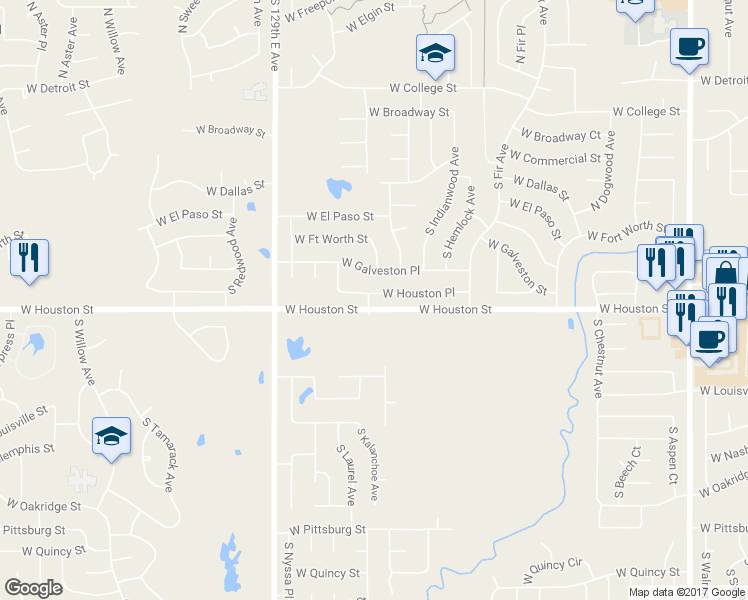 map of restaurants, bars, coffee shops, grocery stores, and more near 3209 West Houston Place in Broken Arrow