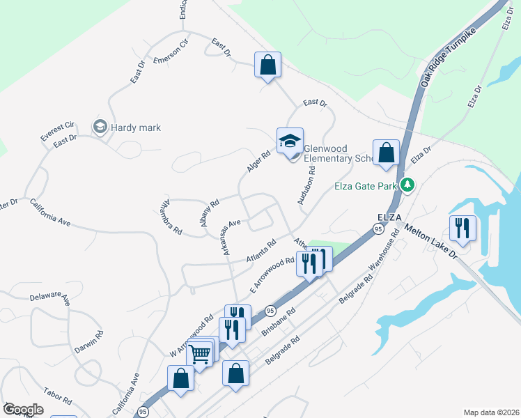 map of restaurants, bars, coffee shops, grocery stores, and more near 151 Arkansas Avenue in Oak Ridge