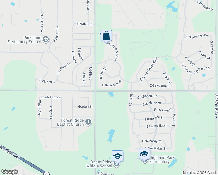 map of restaurants, bars, coffee shops, grocery stores, and more near 6901 East Galveston Street in Broken Arrow