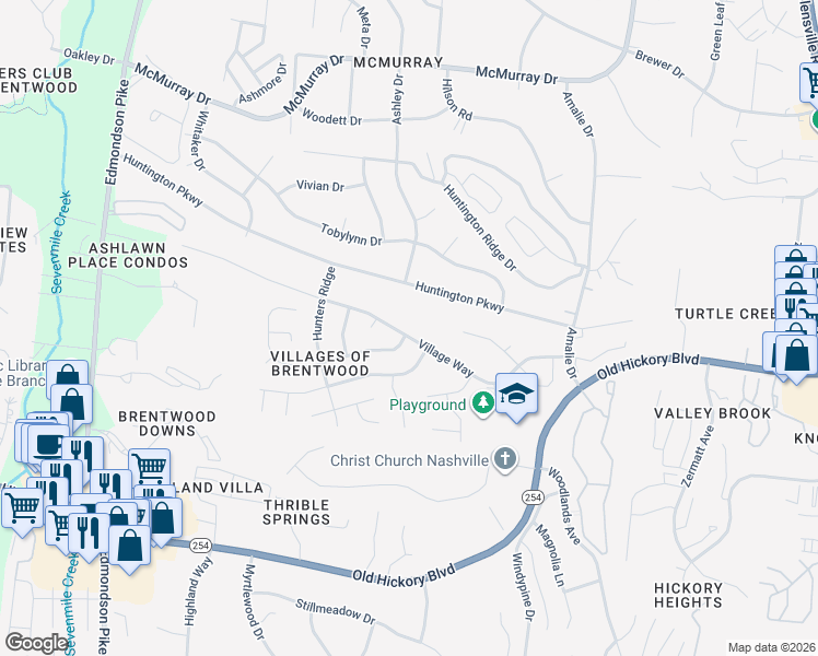 map of restaurants, bars, coffee shops, grocery stores, and more near 5316 Village Way in Nashville