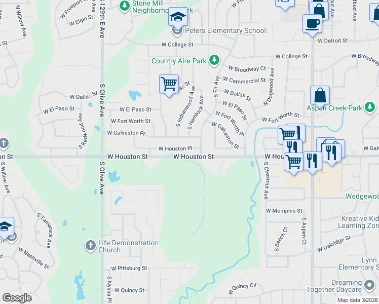 map of restaurants, bars, coffee shops, grocery stores, and more near 2801 West Houston Place in Broken Arrow
