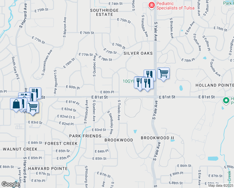 map of restaurants, bars, coffee shops, grocery stores, and more near 4404 East 80th Place in Tulsa
