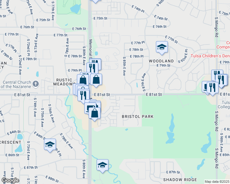 map of restaurants, bars, coffee shops, grocery stores, and more near 8421 East 81st Street in Tulsa