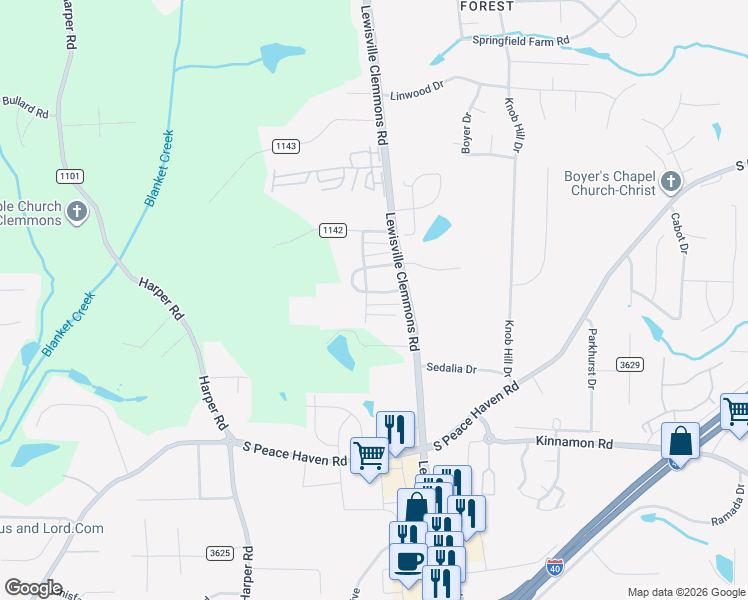 map of restaurants, bars, coffee shops, grocery stores, and more near 7025 Hanesbrook Circle in Clemmons