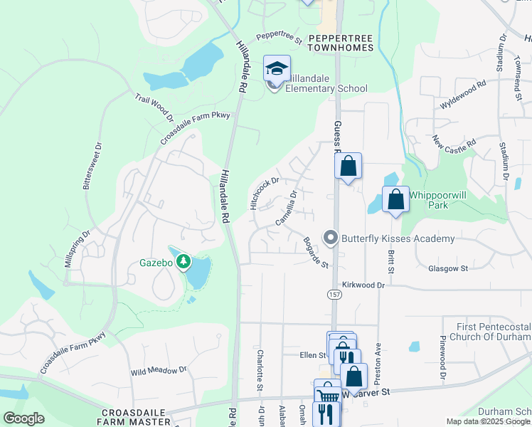 map of restaurants, bars, coffee shops, grocery stores, and more near 18 Fashion Place in Durham