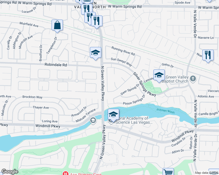map of restaurants, bars, coffee shops, grocery stores, and more near 222 Windsong Drive in Henderson
