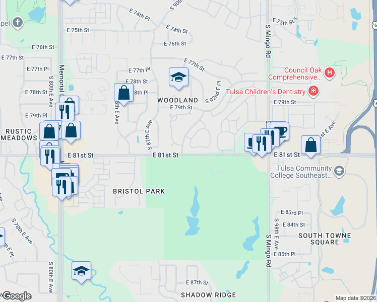 map of restaurants, bars, coffee shops, grocery stores, and more near 9202 East 80th Place in Tulsa