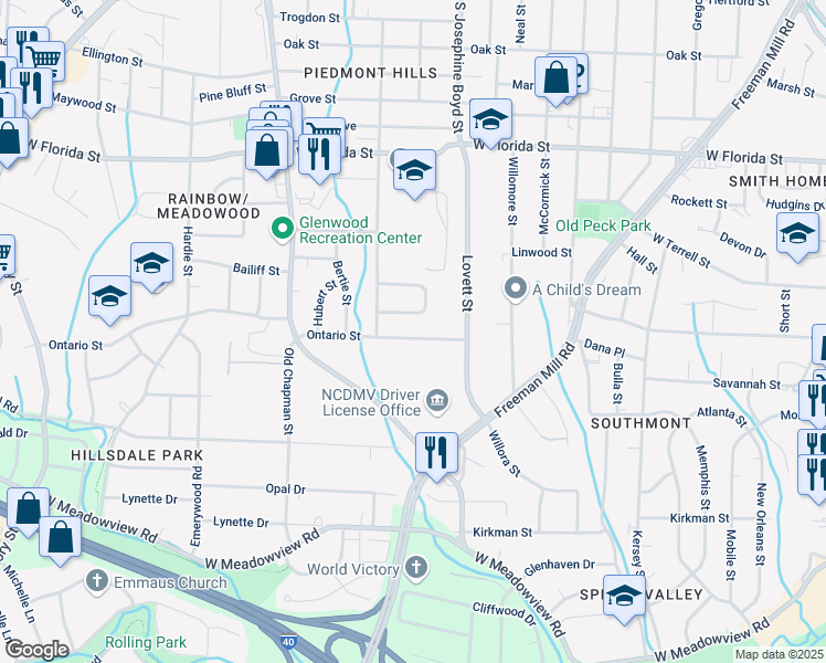 map of restaurants, bars, coffee shops, grocery stores, and more near 1608 Ontario Street in Greensboro