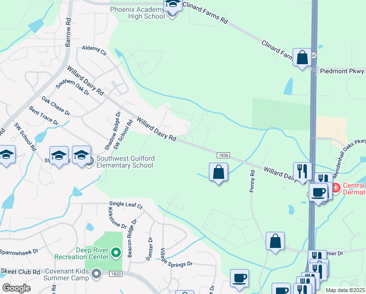 map of restaurants, bars, coffee shops, grocery stores, and more near 2522 Willard Dairy Road in High Point