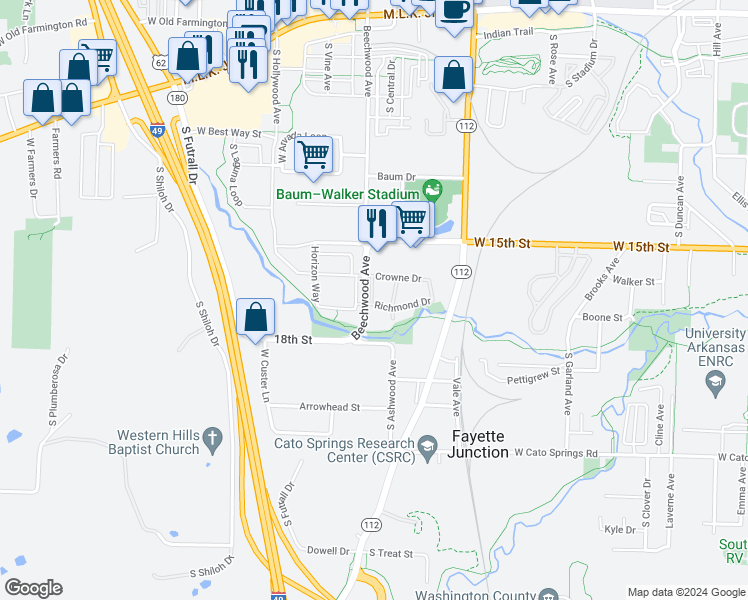 map of restaurants, bars, coffee shops, grocery stores, and more near 1662 Beechwood Avenue in Fayetteville