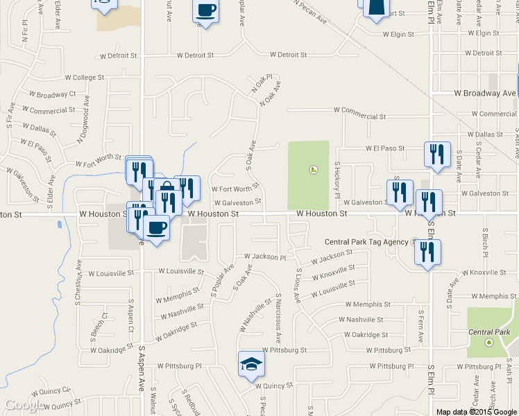 map of restaurants, bars, coffee shops, grocery stores, and more near 604 South Oak Avenue in Broken Arrow