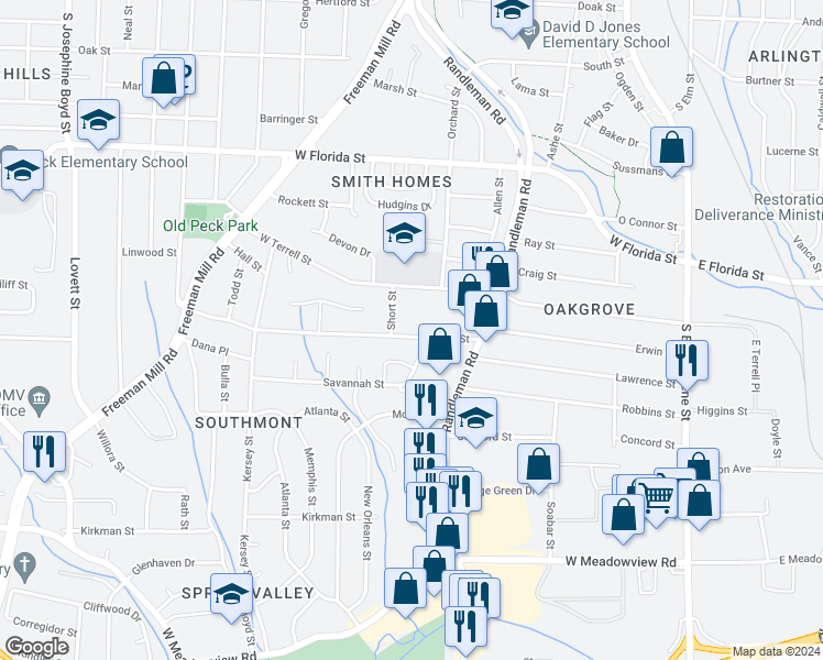map of restaurants, bars, coffee shops, grocery stores, and more near 518 Garrett Street in Greensboro