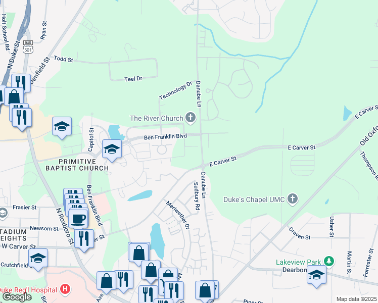 map of restaurants, bars, coffee shops, grocery stores, and more near 4434 Ben Franklin Boulevard in Durham