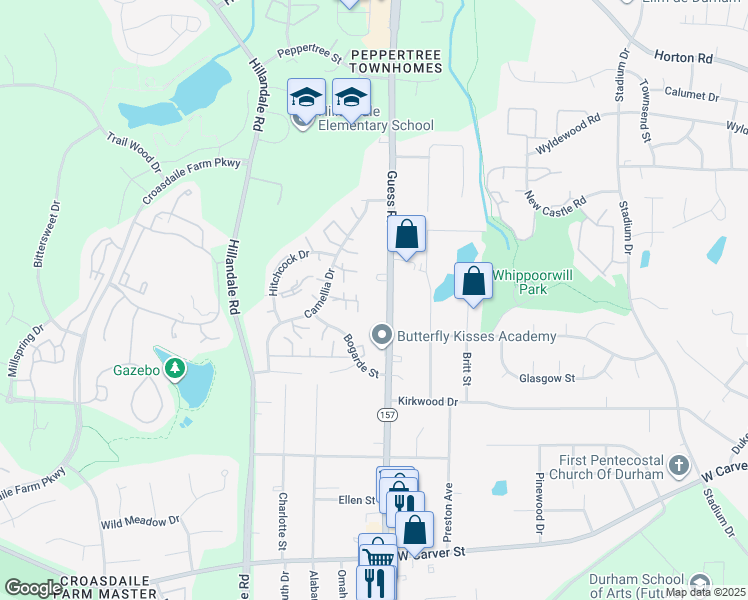 map of restaurants, bars, coffee shops, grocery stores, and more near 3647 Guess Road in Durham