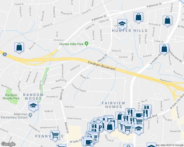 map of restaurants, bars, coffee shops, grocery stores, and more near 3810 Mosby Drive in Greensboro