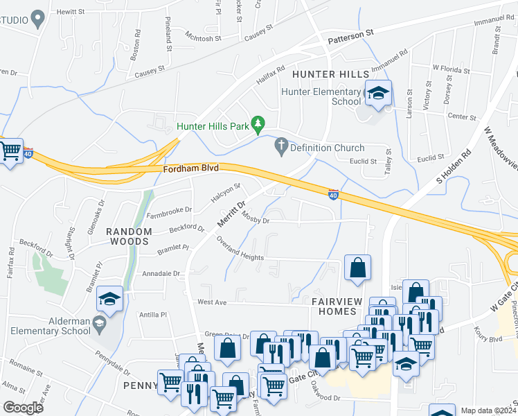 map of restaurants, bars, coffee shops, grocery stores, and more near 3816 Mosby Drive in Greensboro