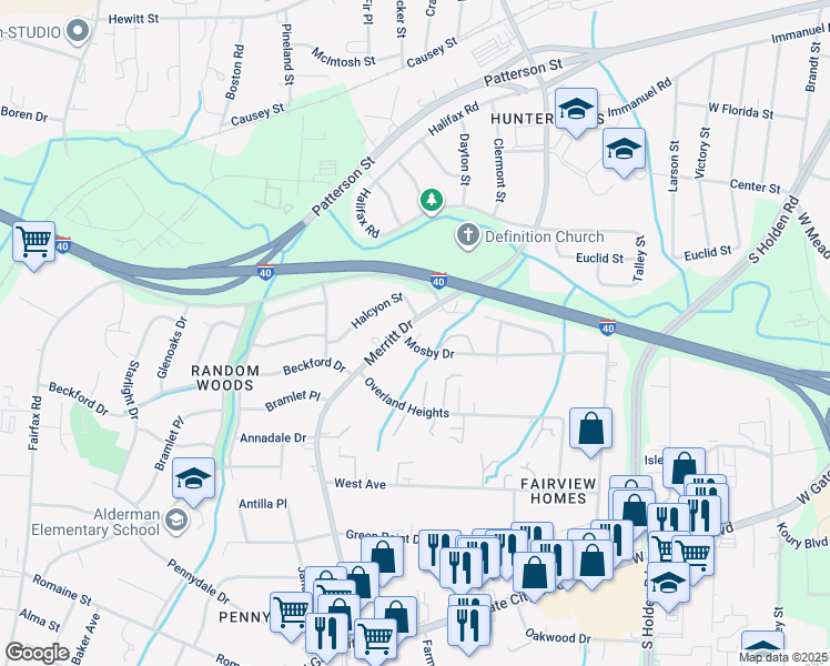 map of restaurants, bars, coffee shops, grocery stores, and more near 3816 Mosby Drive in Greensboro