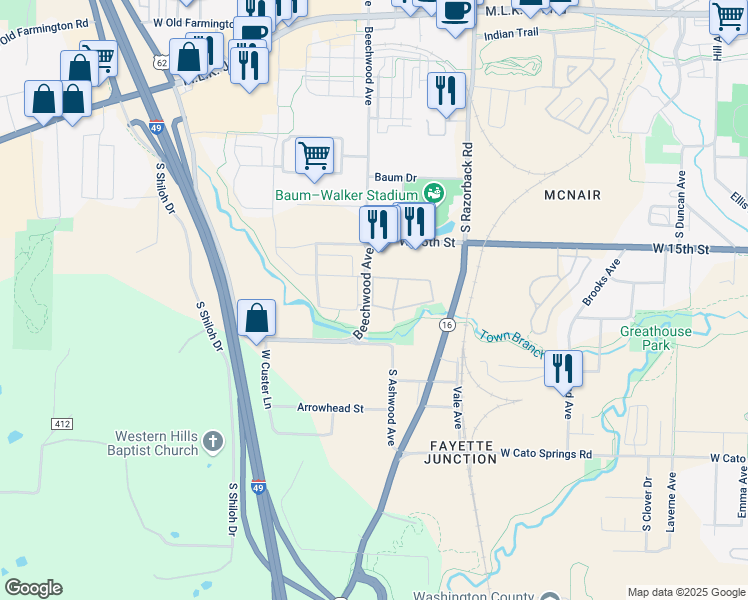 map of restaurants, bars, coffee shops, grocery stores, and more near 1662 Beechwood Avenue in Fayetteville