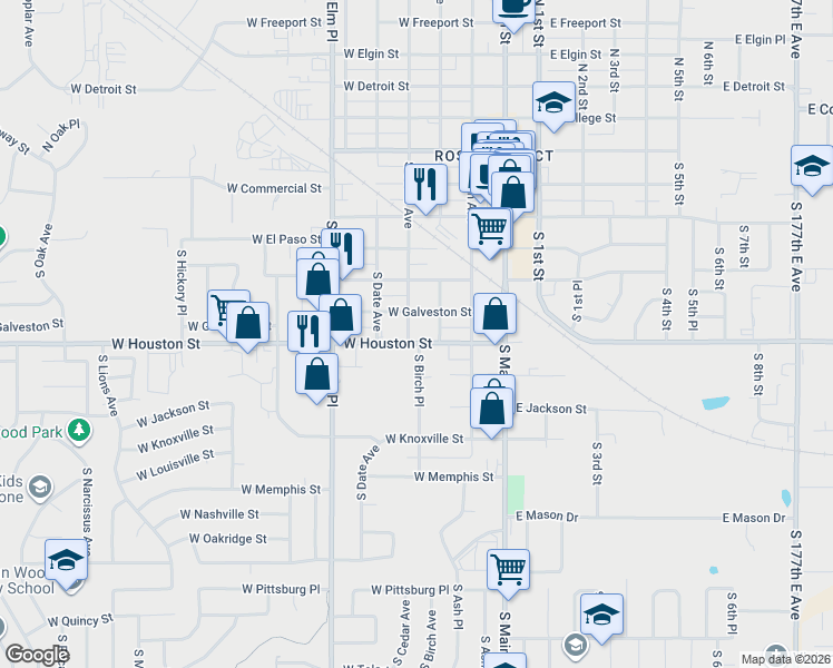 map of restaurants, bars, coffee shops, grocery stores, and more near 704 South Birch Place in Broken Arrow