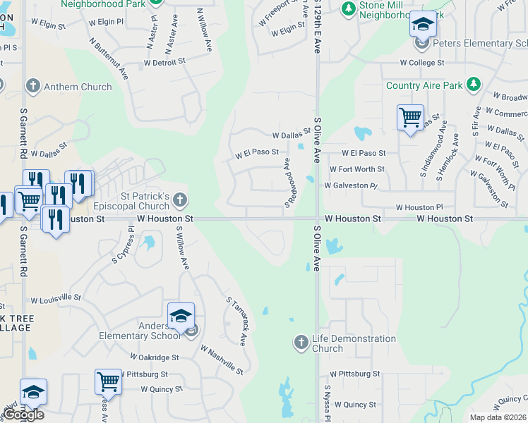 map of restaurants, bars, coffee shops, grocery stores, and more near 3831 West Galveston Place South in Broken Arrow